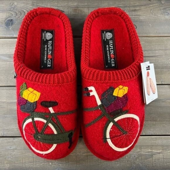 NIB Haflinger Red Bicycle Soft Wool Slippers Sz 36 US 5 - Picture 1 of 10